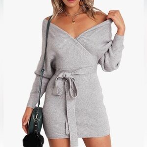 Mansy Brand Gray Long Sleeve Off Shoulder Knit Mini Dress Womens Medium